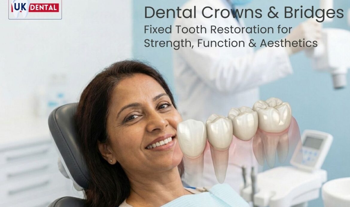 Patient smiling during dental crowns and bridges treatment at UK Dental Clinic