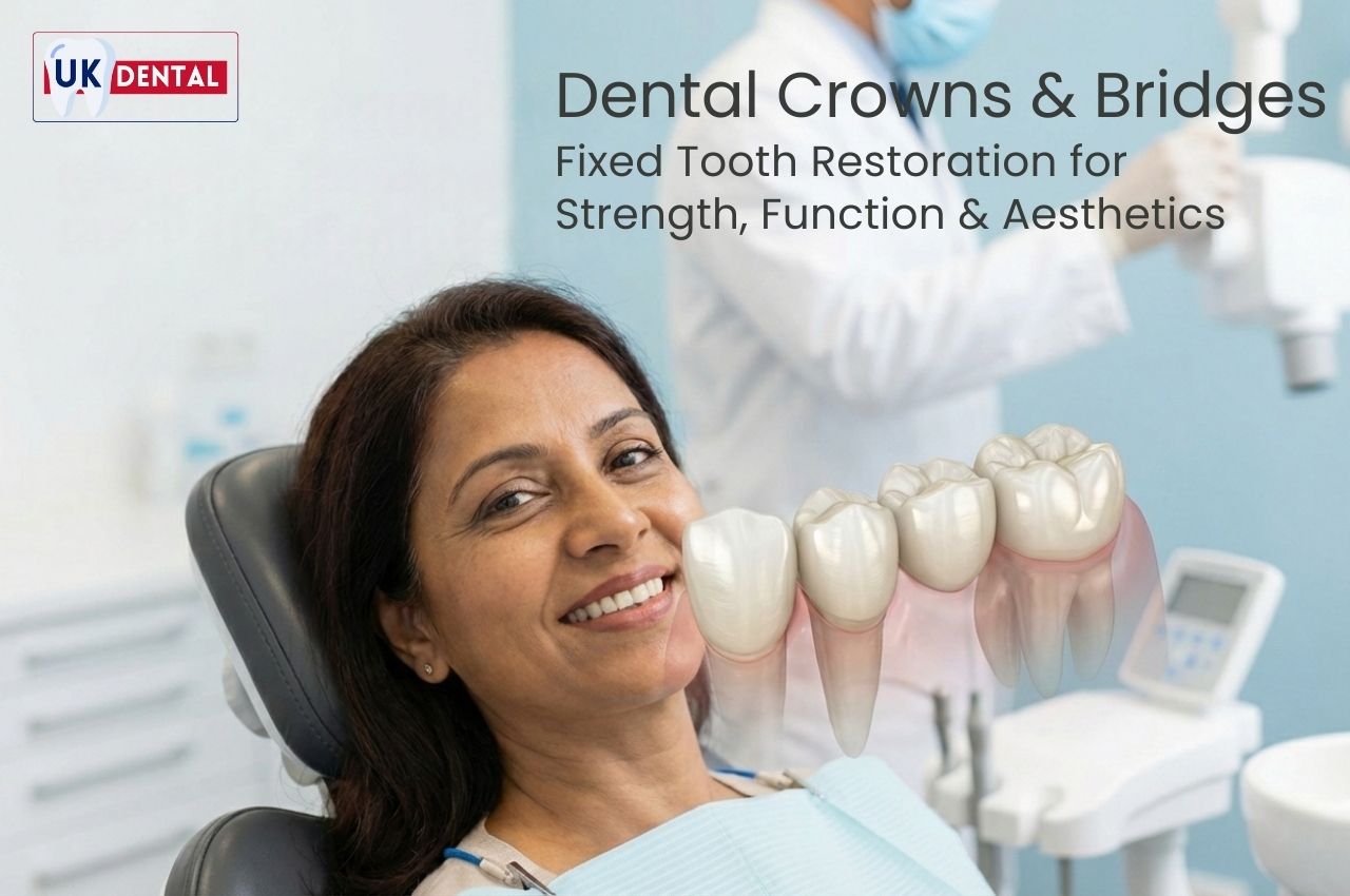 Patient smiling during dental crowns and bridges treatment at UK Dental Clinic