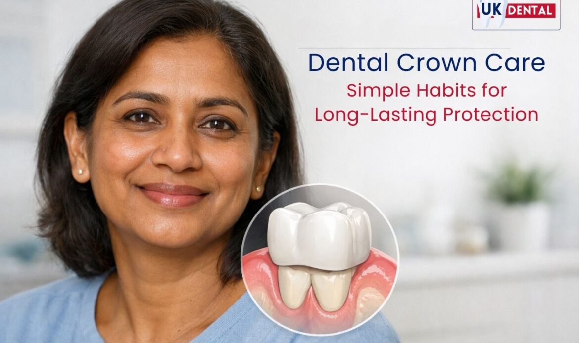 Patient with dental crown illustration showing proper crown care for long-lasting tooth protection