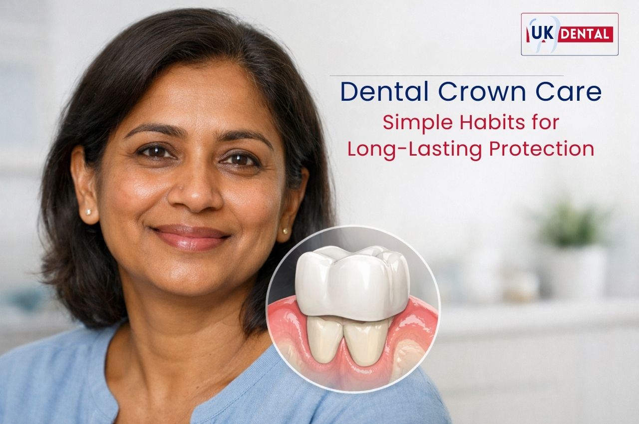 Patient with dental crown illustration showing proper crown care for long-lasting tooth protection