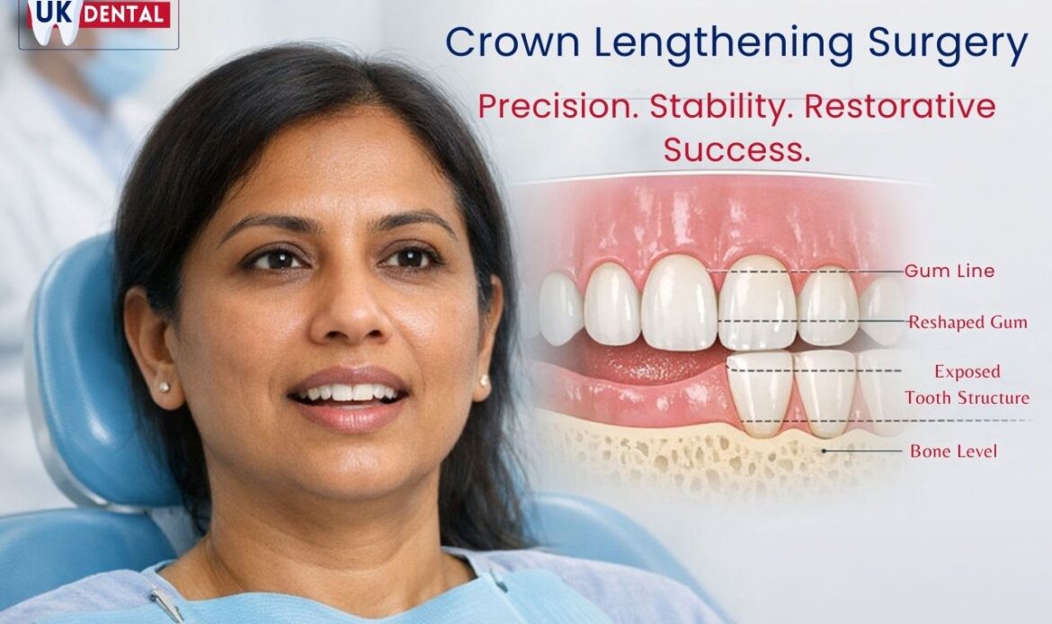 Patient in dental chair with diagram explaining crown lengthening surgery showing reshaped gum line and exposed tooth structure