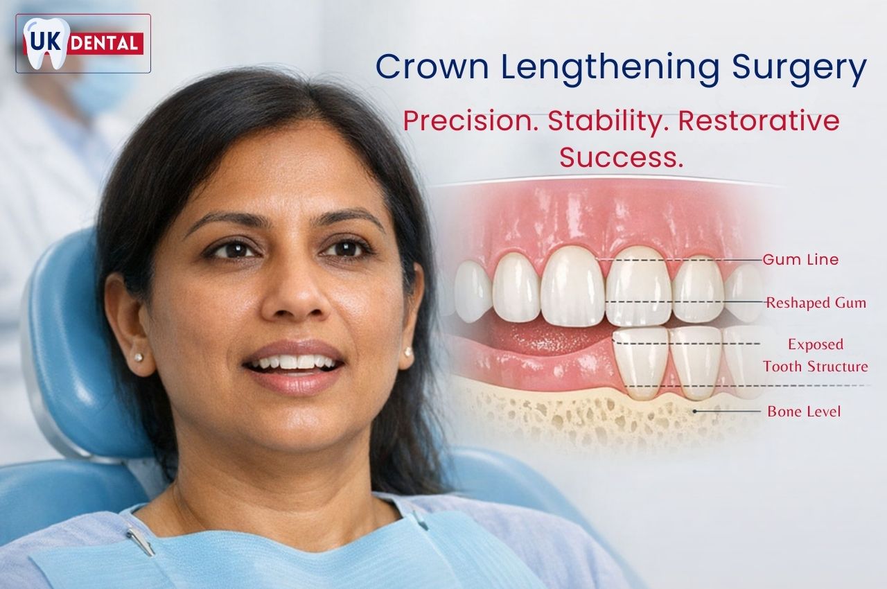 Patient in dental chair with diagram explaining crown lengthening surgery showing reshaped gum line and exposed tooth structure