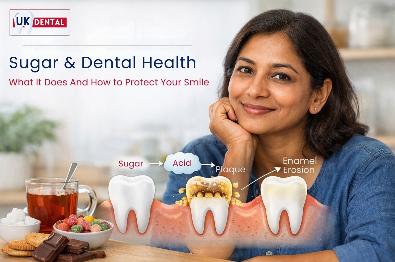 Illustration showing how sugar causes acid formation, plaque buildup, and enamel erosion affecting dental health