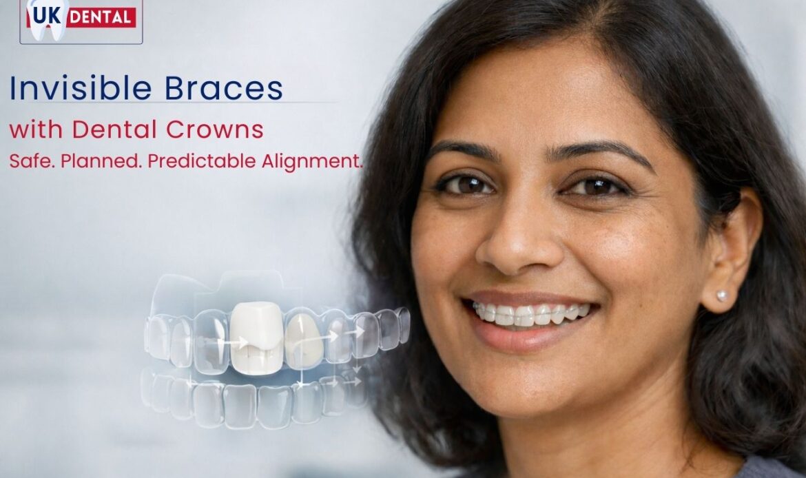 Invisible braces used safely with dental crowns for planned and predictable teeth alignment