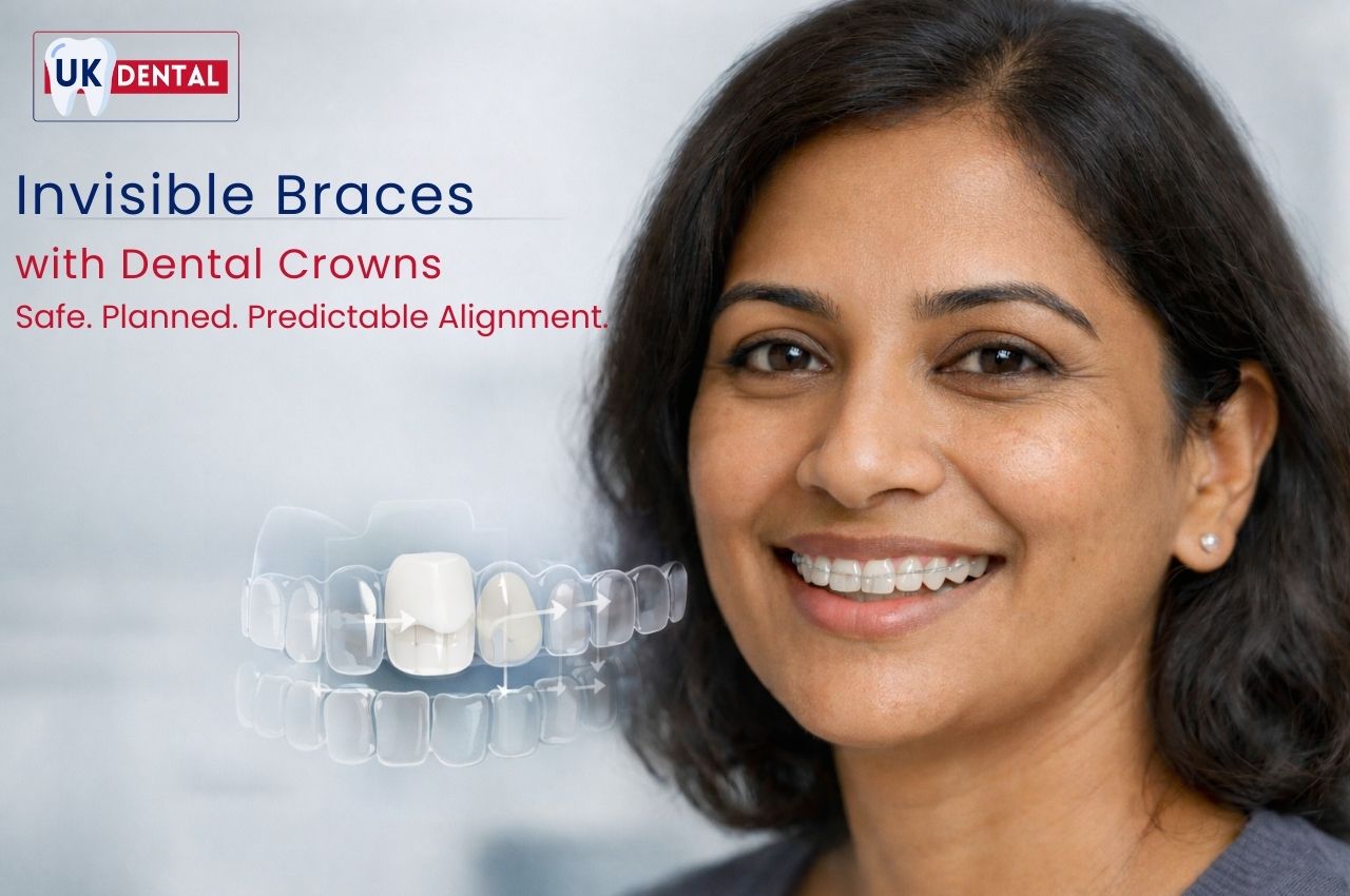 Invisible braces used safely with dental crowns for planned and predictable teeth alignment