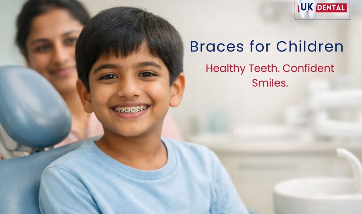 Smiling child wearing dental braces during orthodontic treatment at a dental clinic