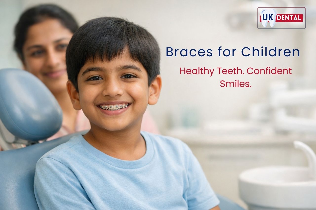 Smiling child wearing dental braces during orthodontic treatment at a dental clinic