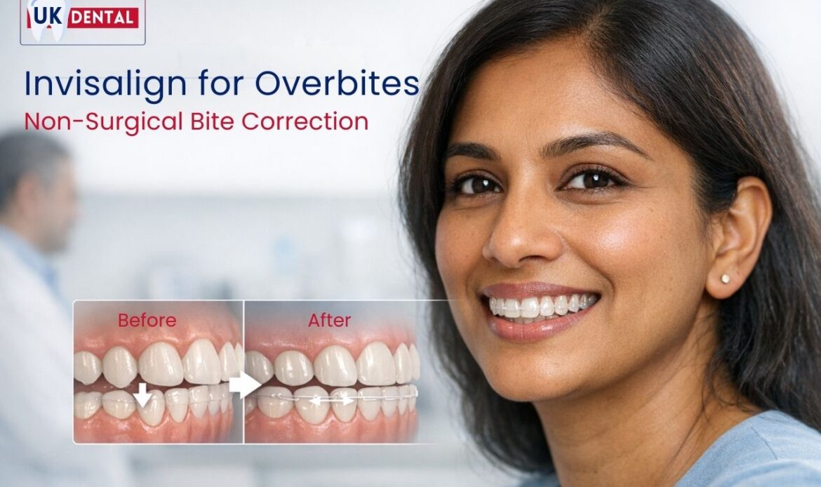 Smiling patient wearing clear aligners with before and after illustration showing Invisalign treatment for overbite correction