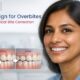 Smiling patient wearing clear aligners with before and after illustration showing Invisalign treatment for overbite correction