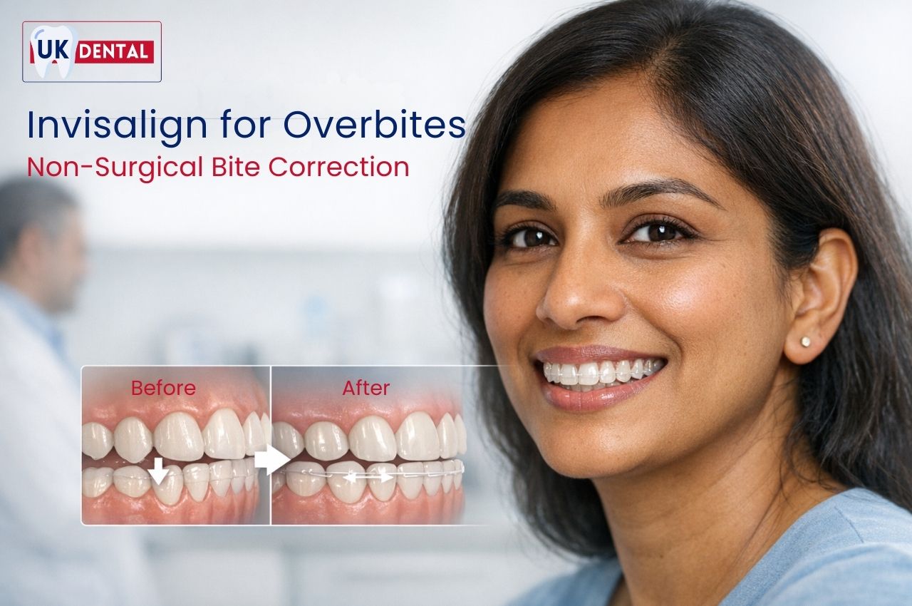 Smiling patient wearing clear aligners with before and after illustration showing Invisalign treatment for overbite correction