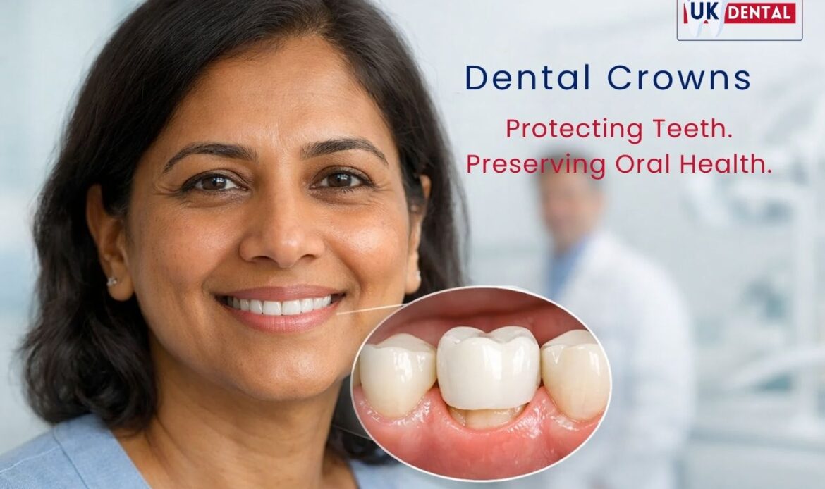 Patient smiling after dental crown treatment to protect and restore teeth