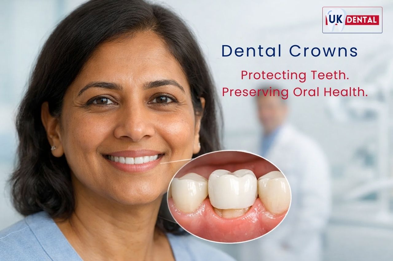 Patient smiling after dental crown treatment to protect and restore teeth